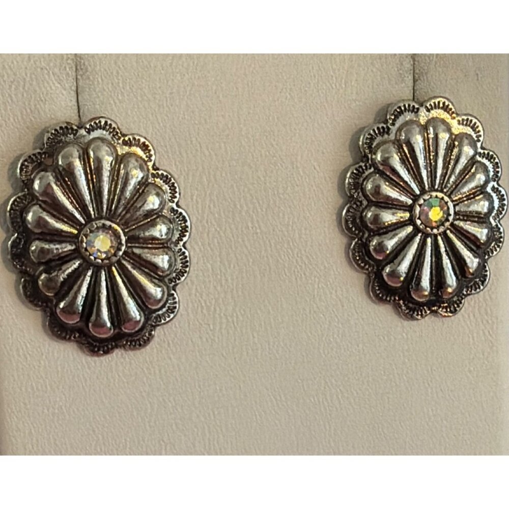 Vtg Silver Tone Concho Floral Stud Earrings Rhinestone Center 1" Estate 6.56g